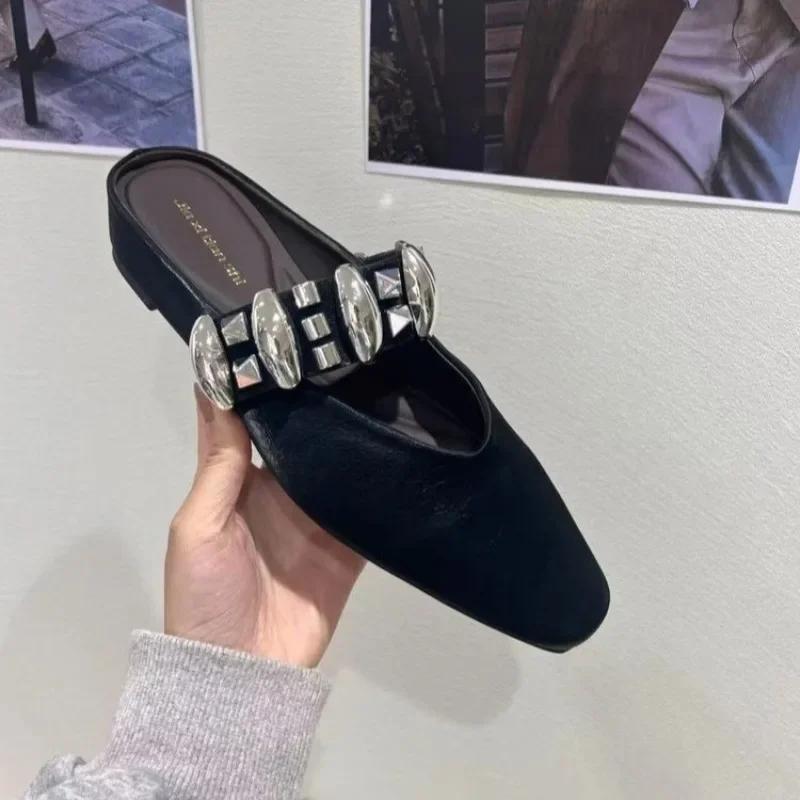Women Slippers 2025 New Flat Mules Shoes Square Toe Crystal Sandals Summer Elegant Slippers Woman Casual Baotou Slides Women