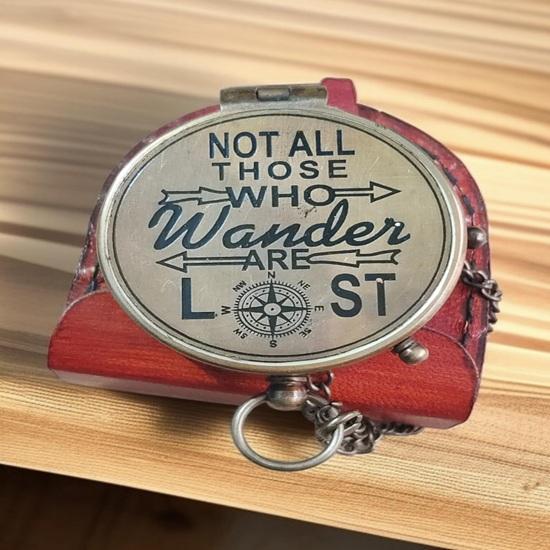 5.08 Cm Engraved Brass Compass “Not All Those Who Wander Are Lost” Pocket Compass with Leather Case Hiking, Camping, Travel Adventurers, Men, Women