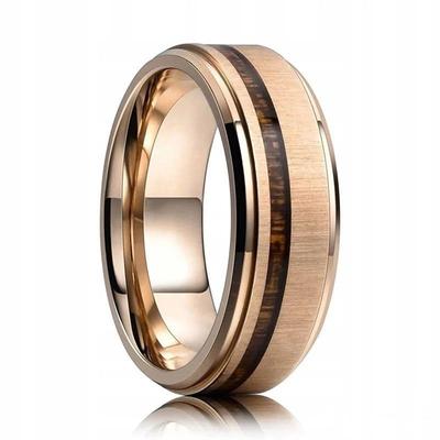 Fashion 8mm Men Stainless Steel Ring Rose Gold Color Brushed Wood Inlay Rings for Men Women Wedding Band Jewelry Birthday Gifts