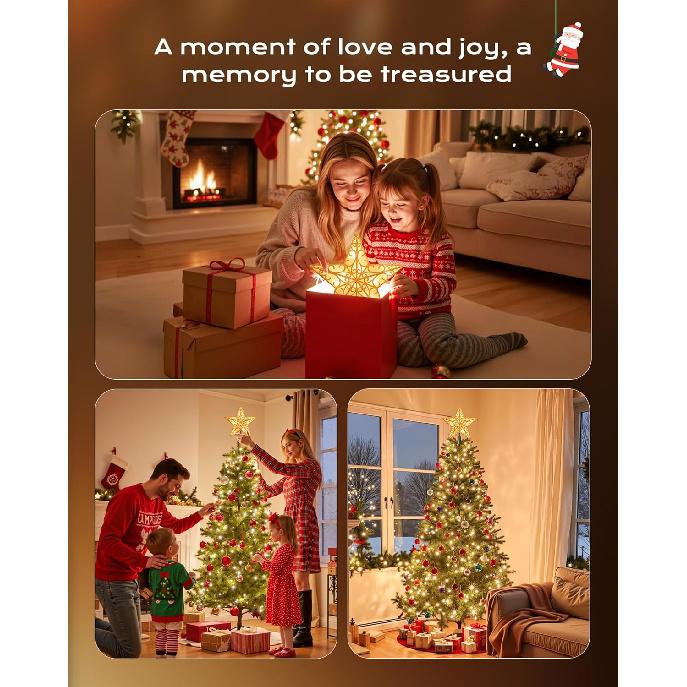 Christmas Star Tree Topper, Plug in Sliver Glittered 3D Star Tree Topper, Metal Hollow Designed Built-in 10 Bulbs String Lights for Indoor Office