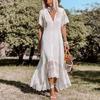 Vintage Chic Women's White Embroidery Lace Short Sleeve Beach Bohemian Slim Fit Irregular Fishtail Dress Robe Ladies V-neck Boho Dress
