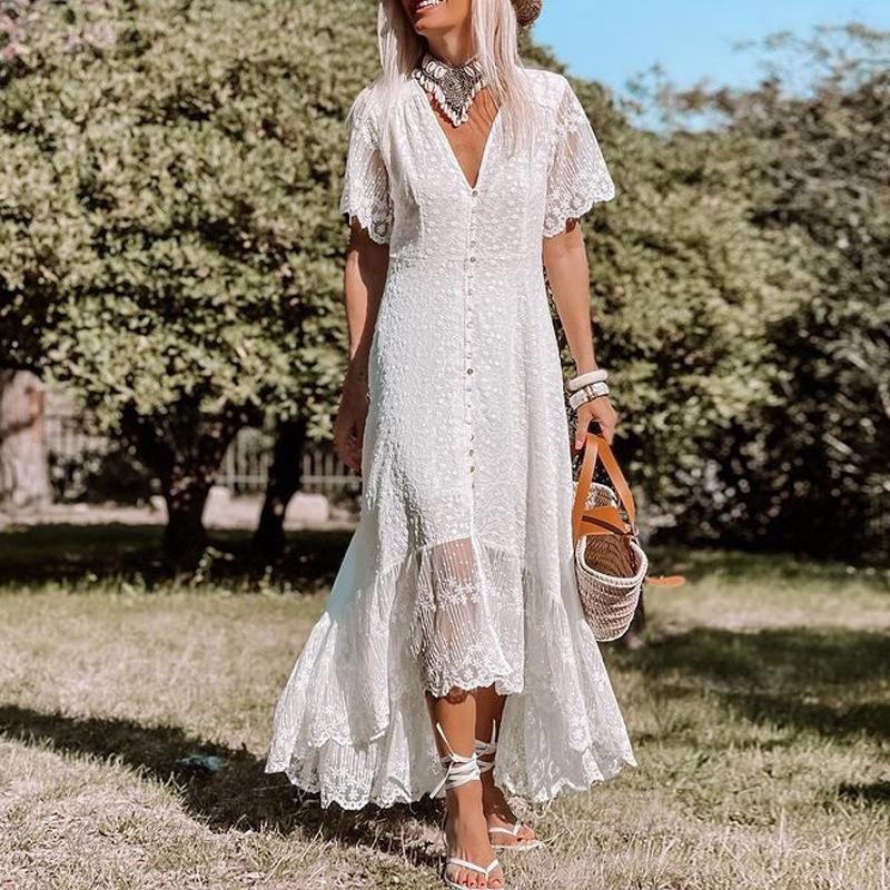 Vintage Chic Damen Weiß Stickerei Spitze Kurzarm Strand Bohemian Slim Fit Unregelmäßigen Fischschwanz Kleid Robe Damen V-ausschnitt Boho Kleid