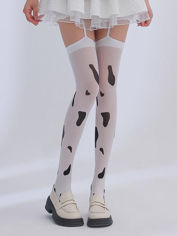 Cow Pattern Knee Suspenders Stockings Women'S Thin Japanese Cute Black And White Spots Sexy Women'S Long Thigh Socks