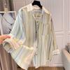 Spring and Autumn Cotton Hemp Contrast Stripe Irregular Split Long Sleeve Loose Shirt for Women