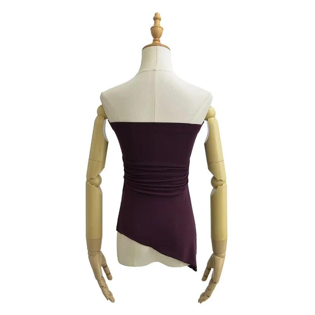 Irregular Slit Padded Bandeau Summer Top with Ruched Waist