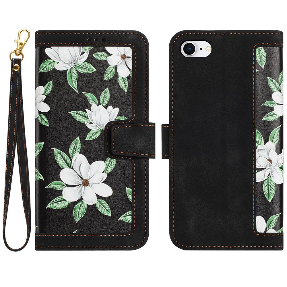 Leder Klapphülle für iPhone 16E 16 15 14 Plus 13 12 11 Pro Max XR X 10 XS 8 7 6 6S SE3 SE Blumen Trageband Kartensteckplatz Abdeckung