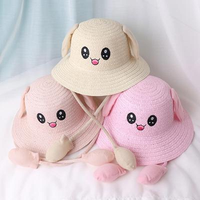 Bunny Straw Hat Caps, Sun Hat, Foldable, with Movable Ears, Beach Hats, Fishing Hats