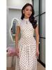2026 Polka Dot Short Sleeve High Neck Slim Fit Elegant Long Dress for Women