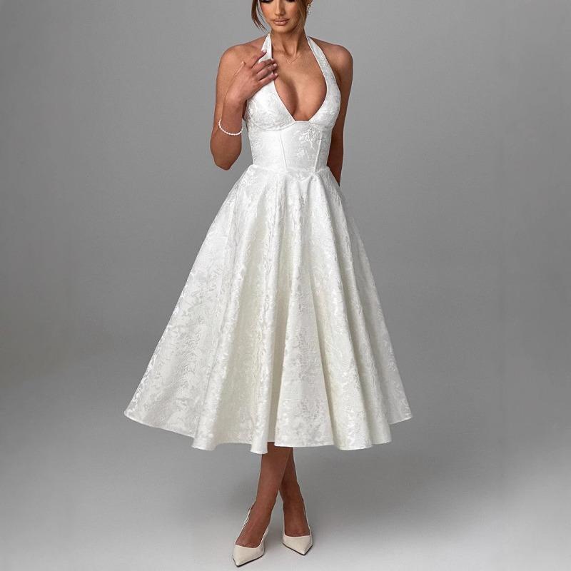 Sexy Elegant V Neck Halter High Waist A Line Long Evening Party Dress