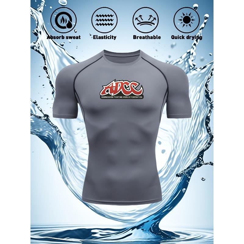 Pánské tmavě modré kompresní tričko s krátkým rukávem ADCC Logo Grafika Odvádí pot Rychleschnoucí Prodyšné Vysoká elasticita BJJ MMA A Běhání Atletický top