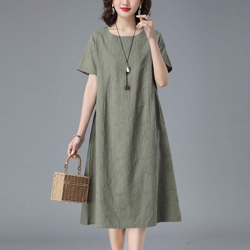 

Summer Cotton and Linen Dress, Women s Fashionable Temperament Dress 2XL темно-зелений колір