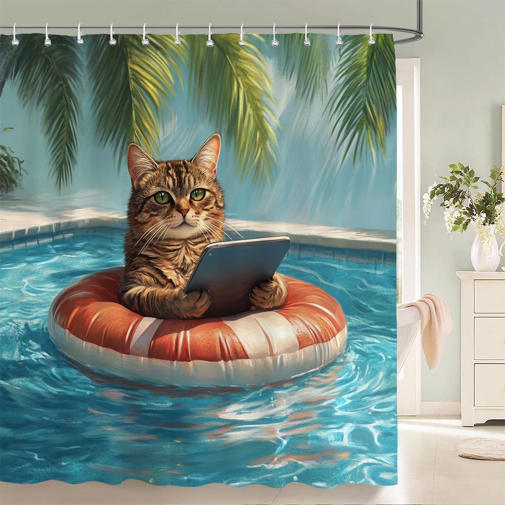 Funny and Creative Beach Cats and Dogs Fabric Shower Curtain Waterproof Polyester Bath Curtains for Bathroom Decorate with Hooks