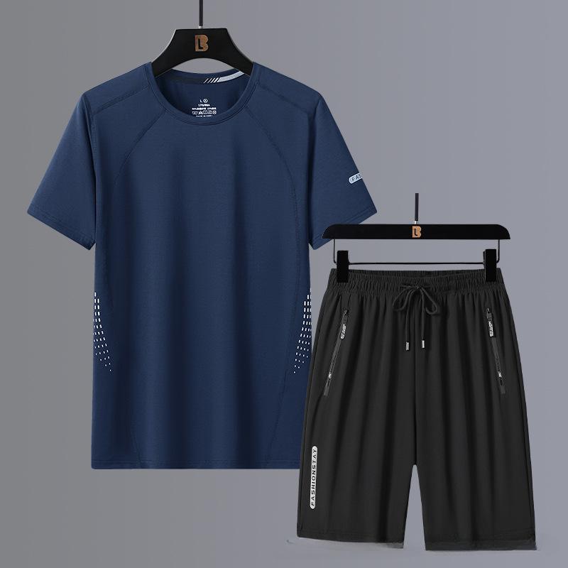 

Летние черно-белые спортивные костюмы для мужчин, комплект с рукавами, футболка + шорты, спортивная одежда, брендовый спортивный костюм XXXXL темно-синий