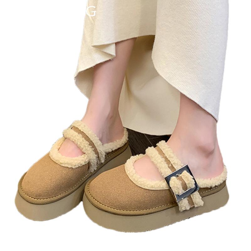 Fur Flats Women Slippers Short Plush Platform Cotton Shoes Shallow Buckle Casual Shoes 2024 Trend Designer Buckle Zapatos Femme