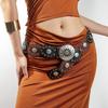 Fashion Bohemian Oval Disc Belt for Adult Western Waistband Ethnic PU Leather Hollowed Buckle Waiststrap for Dresses
