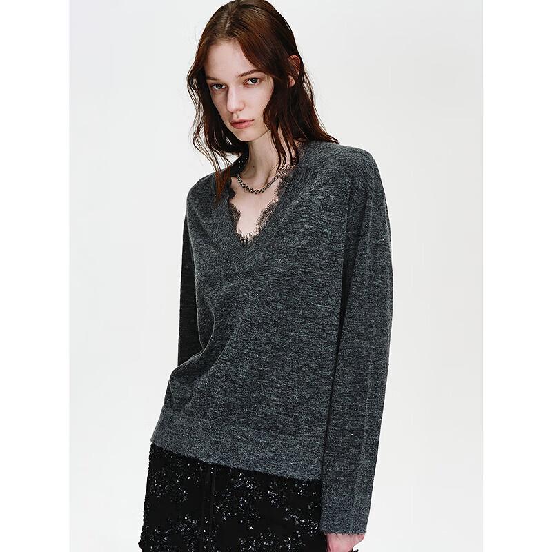 Fuzhien Soft Mist Starry Merino & Alpaca Wool Rhinestone Lace V-Neck Sweater S