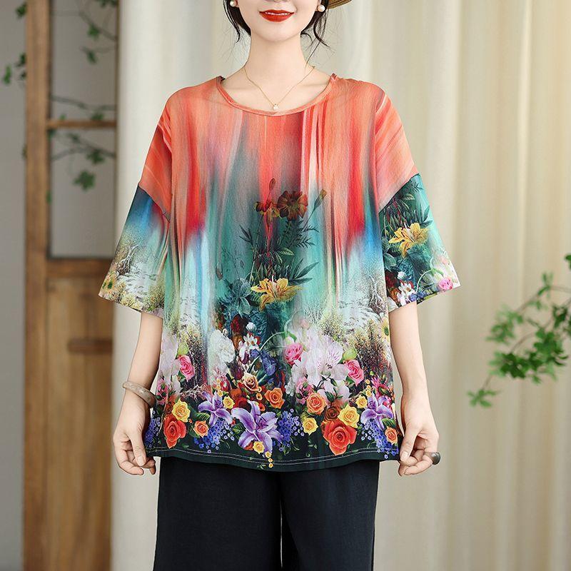 Women's Cotton Linen Printed T-Shirt Summer Thin Short Sleeve Loose Round Neck T-Shirt Top