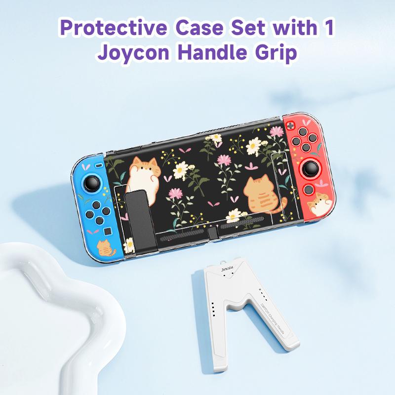 1 Piece Orange Cat and Flower Protective Case with 1 Gamepad Grip for Switch NS/Oled, Drop and Scratch Resistant