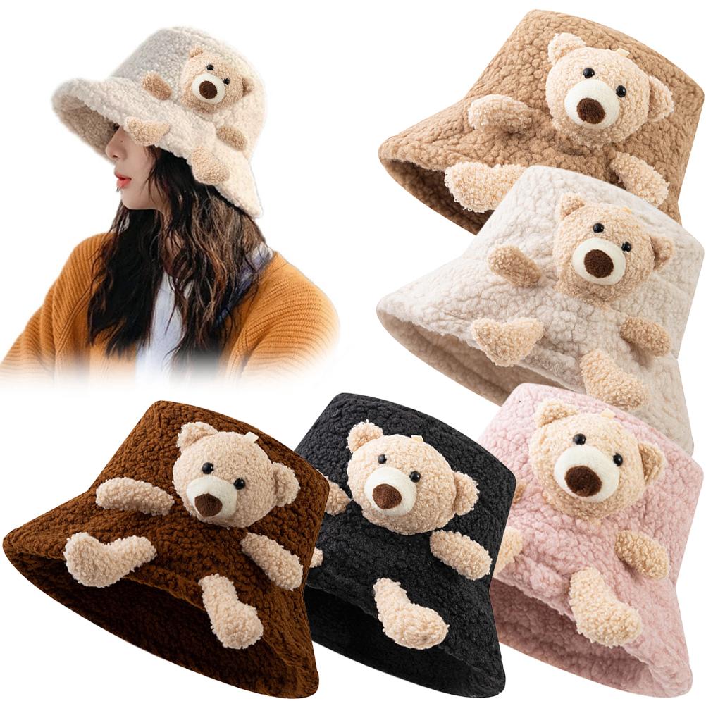 Women Winter Bucket Hat Cute Bear Plush Warm Hat Thick Fisherman  Casual Outdoor Sunscreen Sun