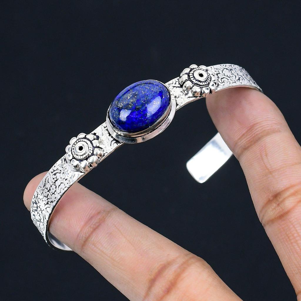 925 Sterling Silver Oval Lapis Lazuli Gemstone Engagement Art Deco Sister Bangle