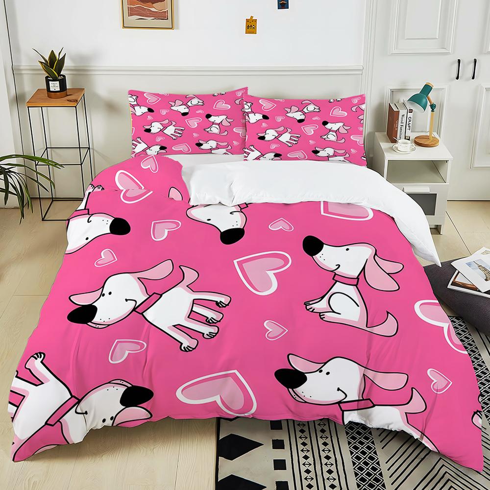 Pink Cartoon Dogs and Hearts Background Print Bedding Set 1 Duvet Cover 2 Pillowcases for Adult Children Luxury Gift Full Size