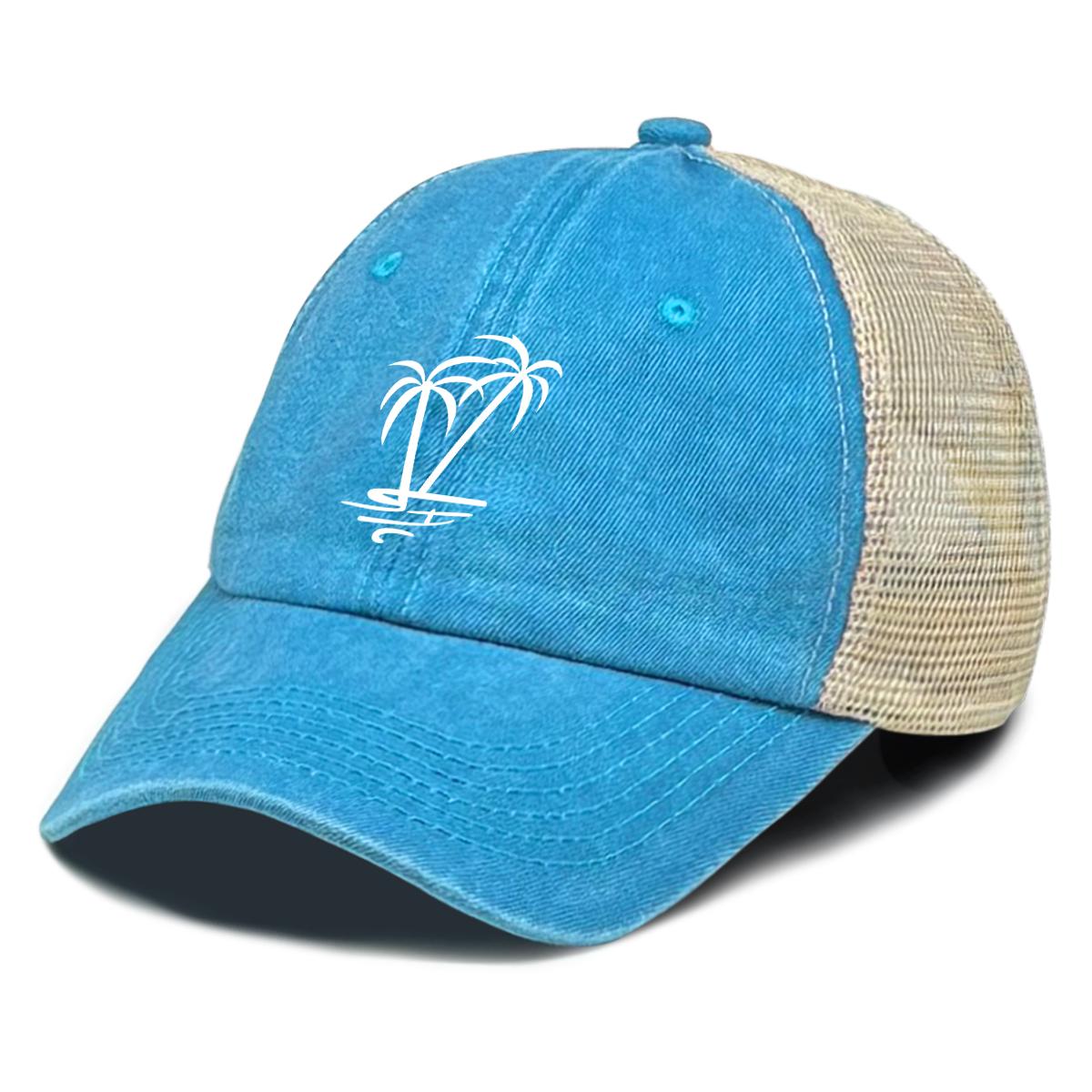 Summer Coconut Tree Breathable Mesh Cap Snapback Trucker Hat Gorra Hombre Retro Washed Cotton Adjustable Baseball Hat синий
