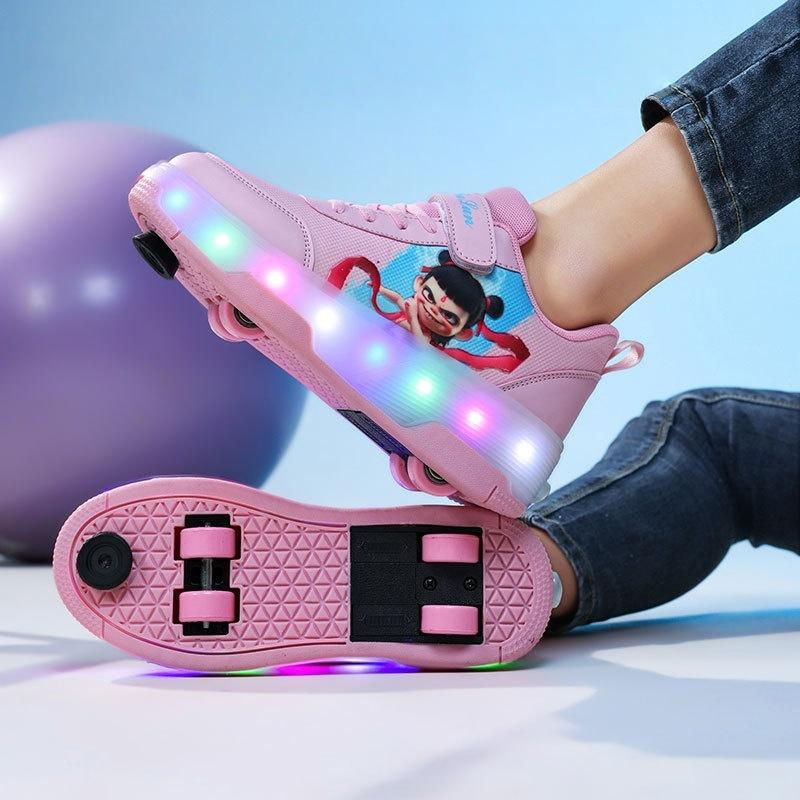 Nezha Spring and summer children's walking shoes Girls retractile walking roller shoes Student girls flash shoes burst shoes