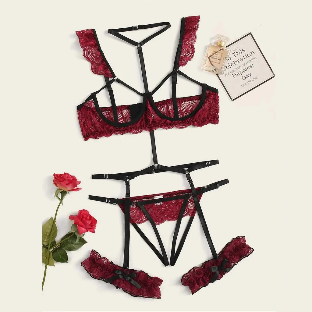New Sexy Fashion Lace Lingerie Underwear Sleepwear Steel Ring Pajamas Garter Women Intimates Underwear Bra Panties Set Lingerie