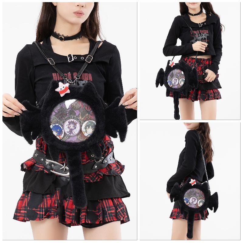 Gothic Bat Wing Plush Cat Ita Bag, Black Fuzzy Crossbody Backpack with Clear Window, Kawaii Dark Lolita Shoulder Bag