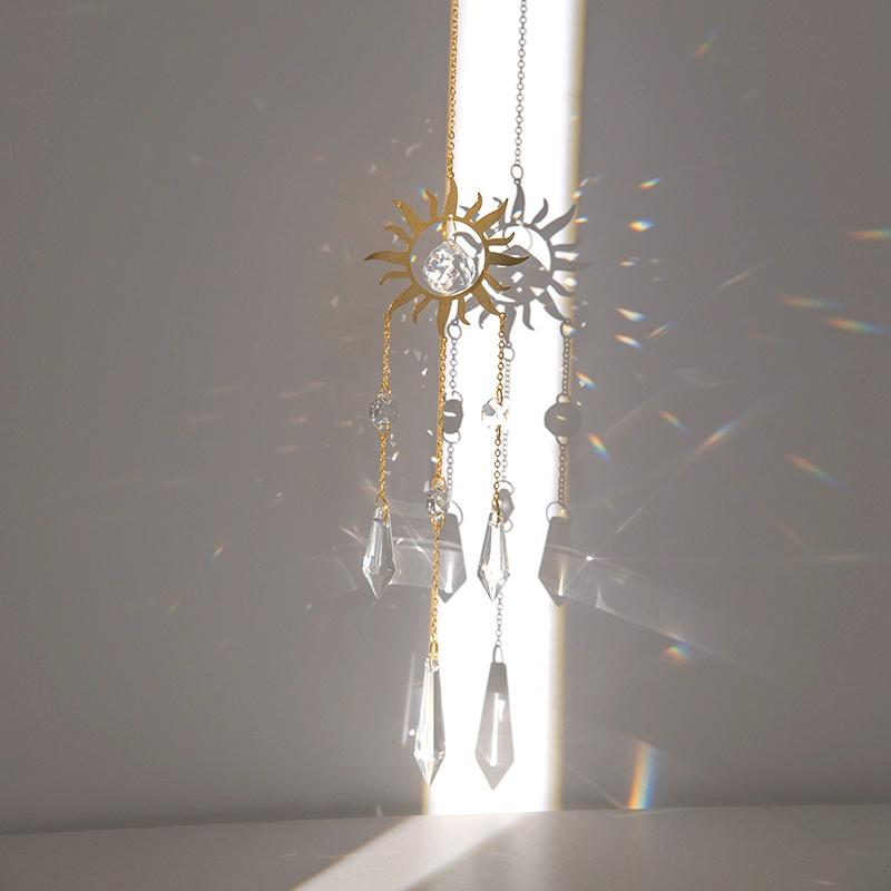 Crystal Suncatcher Prisms Hanging Sun Rainbow Light Catcher Chain Window Drop Wind Chimes Bell Garden Wedding Home Charm Decor