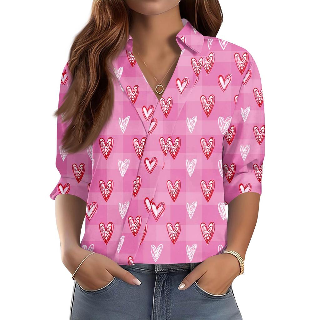 Camisa Feminina Manga 3/4 Decote V Estampada Roupa de Trabalho Casual Regular Colarinho