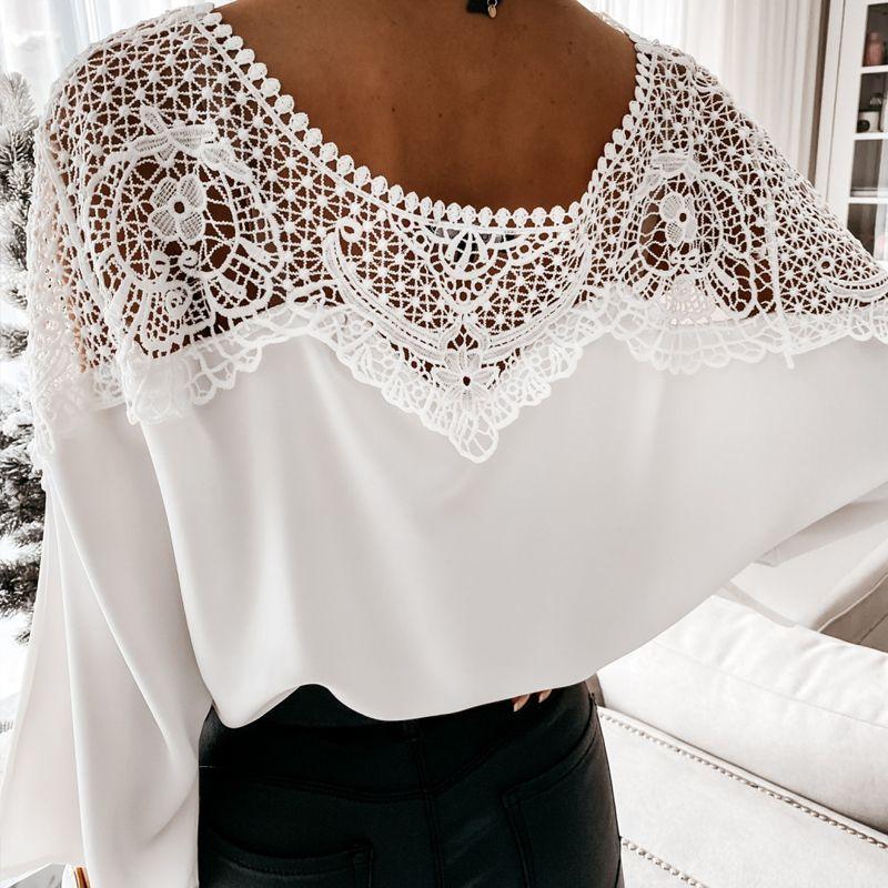 

Spring Clothing Fashion European and American Style Women s Streetwear Cut Out Exposed Back Lace Lace Nine-Quarter Sleeve Shirt Loose Lace-up Shirt White S