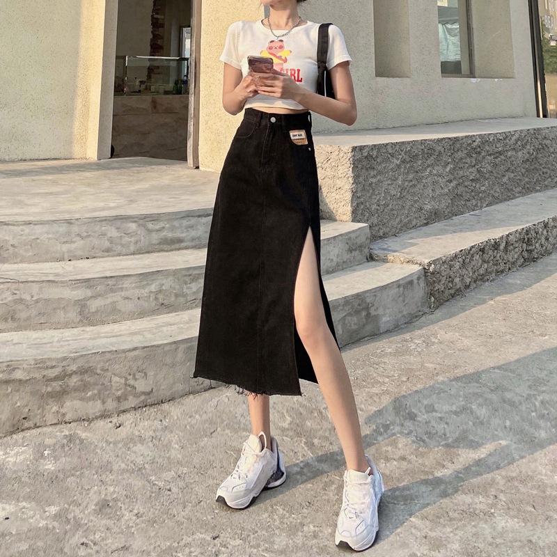 

Элегантная женская летняя черная юбка-бюстье с высокой талией и разрезом сбоку, средней длины, универсальная, удобная, модная, джинсовая юбка-бюстье XXL чёрный