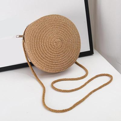 Mulheres redondas tecido praia crossbody saco rattan feito à mão malha pequena bolsa de ombro de palha