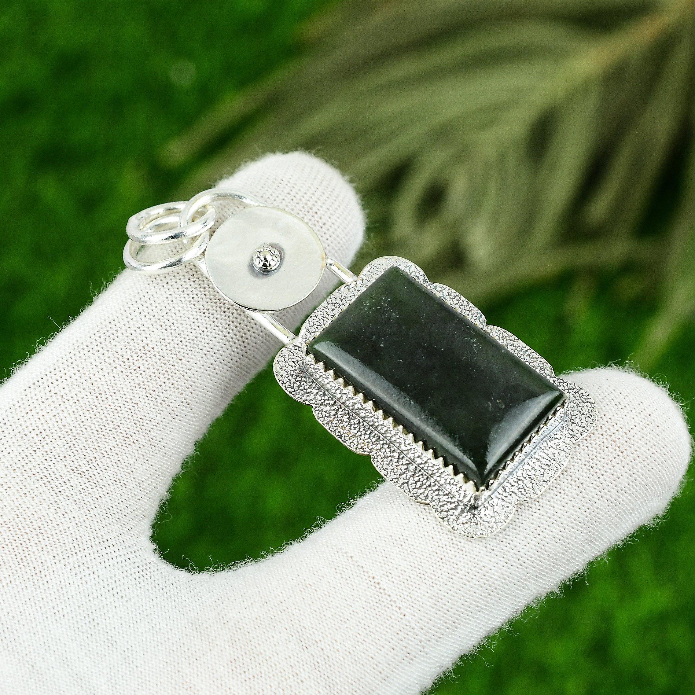 

Mothers day Deal 925 Sterling Silver Rectangle Natural Nephrite Pendant Jewelry