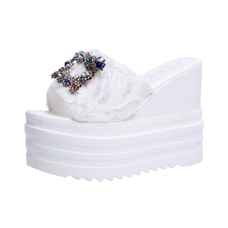 

High-heeled wedge slippers summer rhinestone cloth surface fish mouth muffin thick bottom one-word drag 34 белый