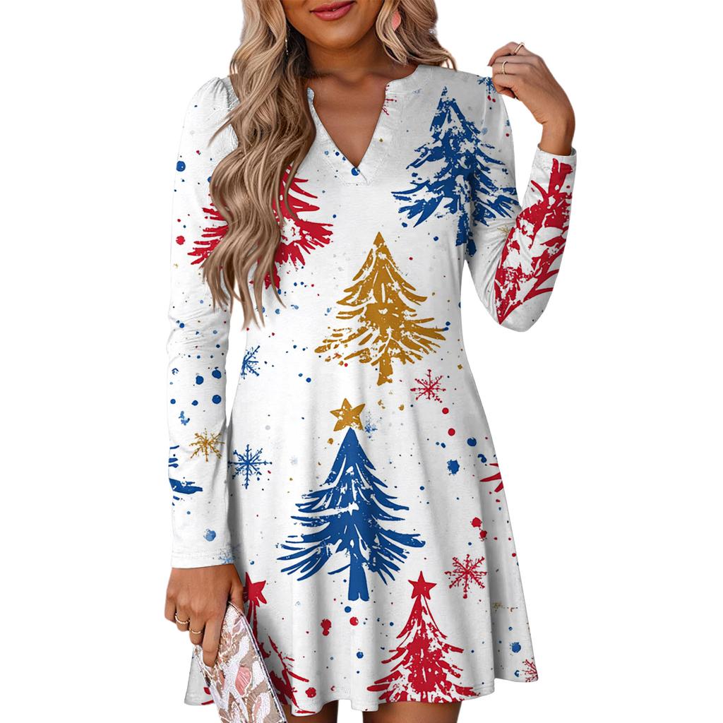Women's Christmas Printed Dress Loose V-neck Casual Long Sleeved Dress