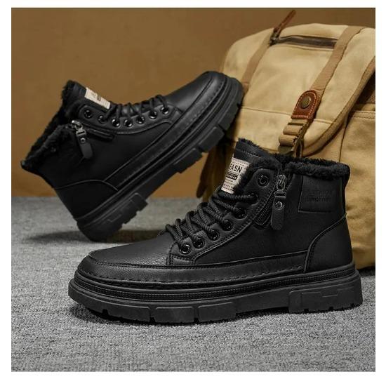 Leather Men's Boots Winter Platform Warm Fur Ankle Short Lace Up Fashion Novelty Concise Casual Work Shoes Botas