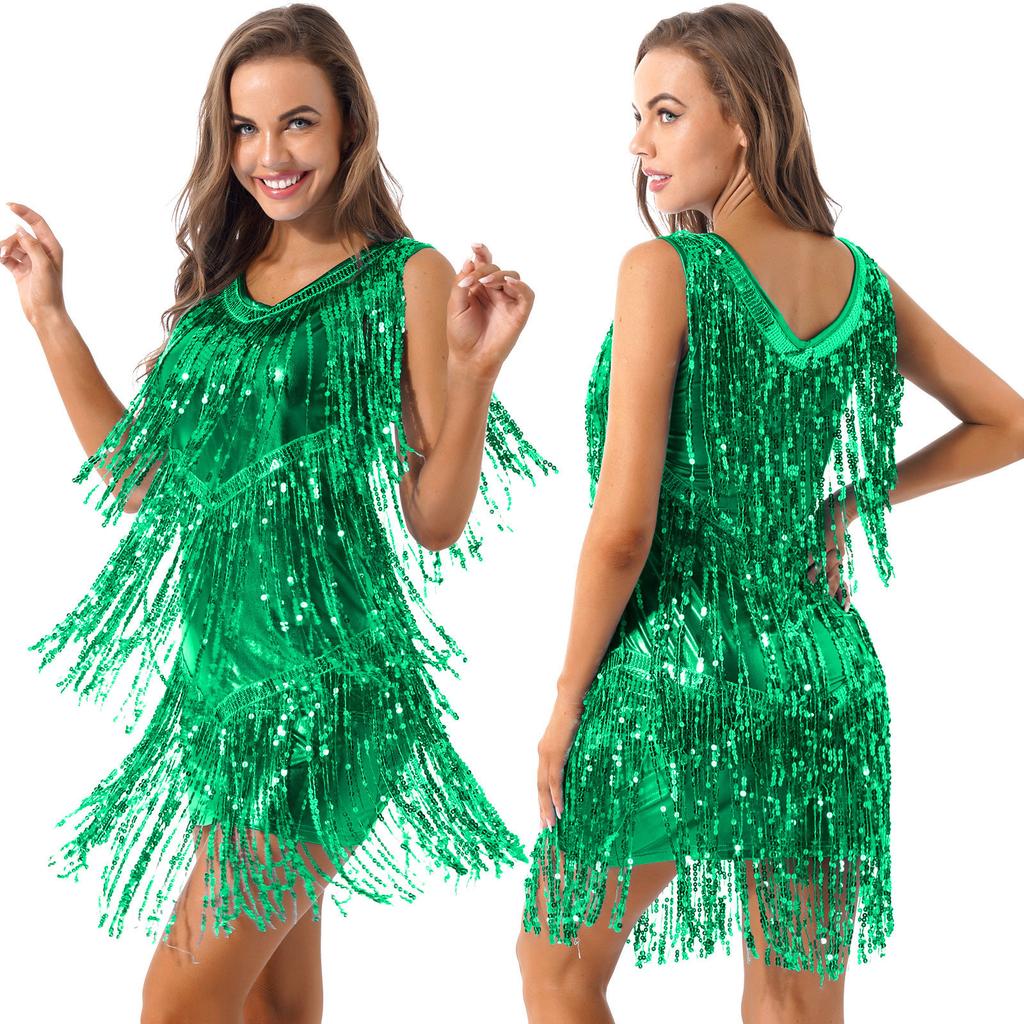 Vestito da ballo latino da donna con scollo a V, senza maniche, con nappe e paillettes scintillanti, per sala da ballo, samba, tango