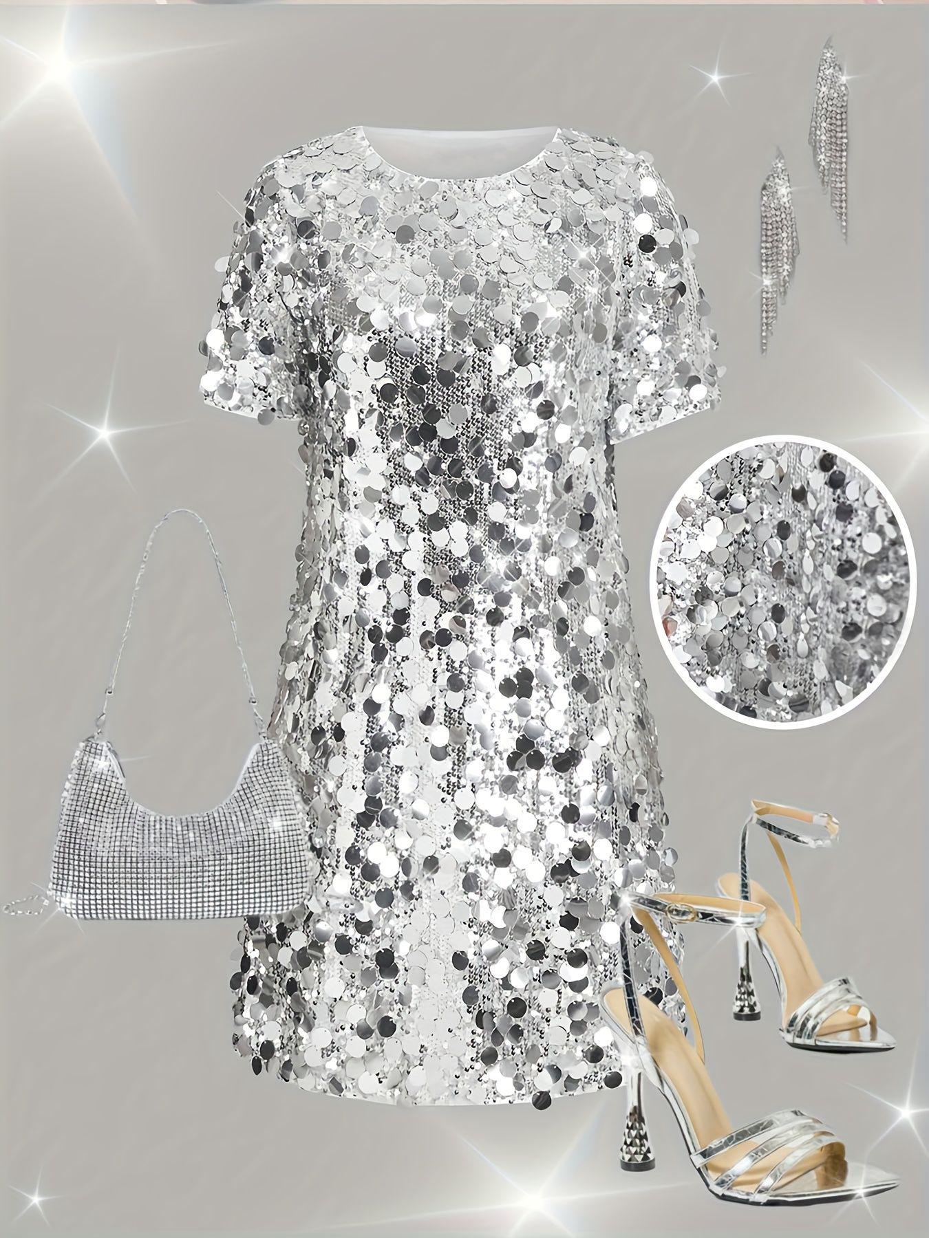 

Silver Glitter Sequin Short-Sleeve Dress - Women s Party Style X-Large