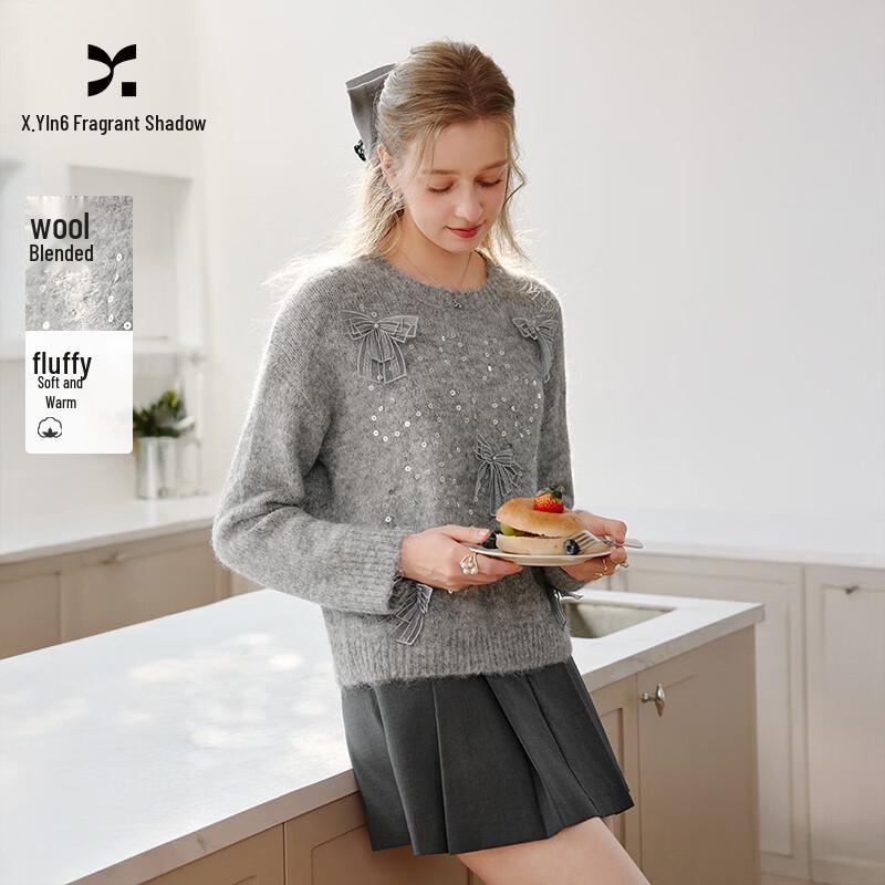 Xiangying Women s Grey Beaded Bowknot Pullover Sweater S