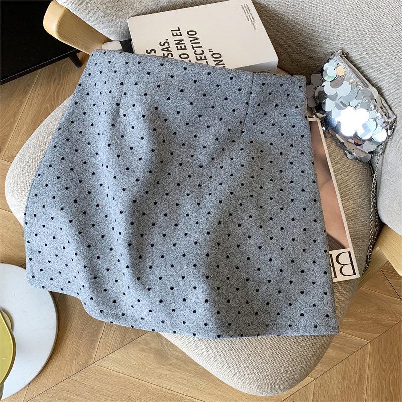Woolen Retro Heart Polka Dot High-Waist Slim Skirt - 2025 Autumn/Winter Korean Style L светло-серый