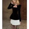 Fall and Winter New Women's Clothing French Style Square Collar Long Sleeve Velvet Tops + High Waist A- line Pleated Short Skirt Two-piece Set