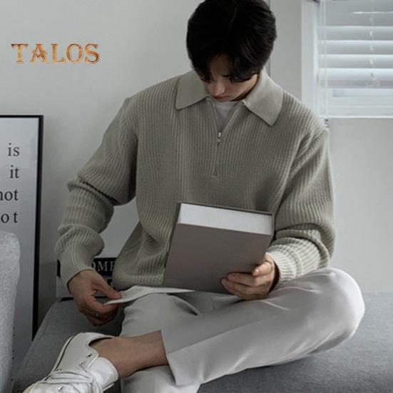 Fall Winter Men Sweater Turn-down Collar Half Zipper Long Sleeves Solid Color Loose Knitted Top Daily Wear School Work Knitwear