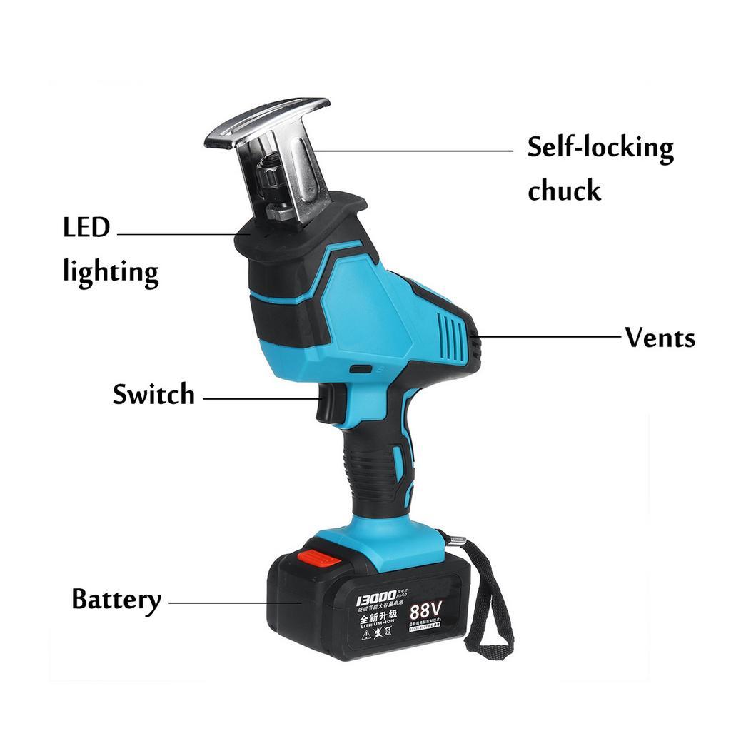 250W 13000mAh 26V/88V Cordless Reciprocating Saw+5 Saw Blades Metal Cutting Wood Tool Portable Woodworking Cutters Blue