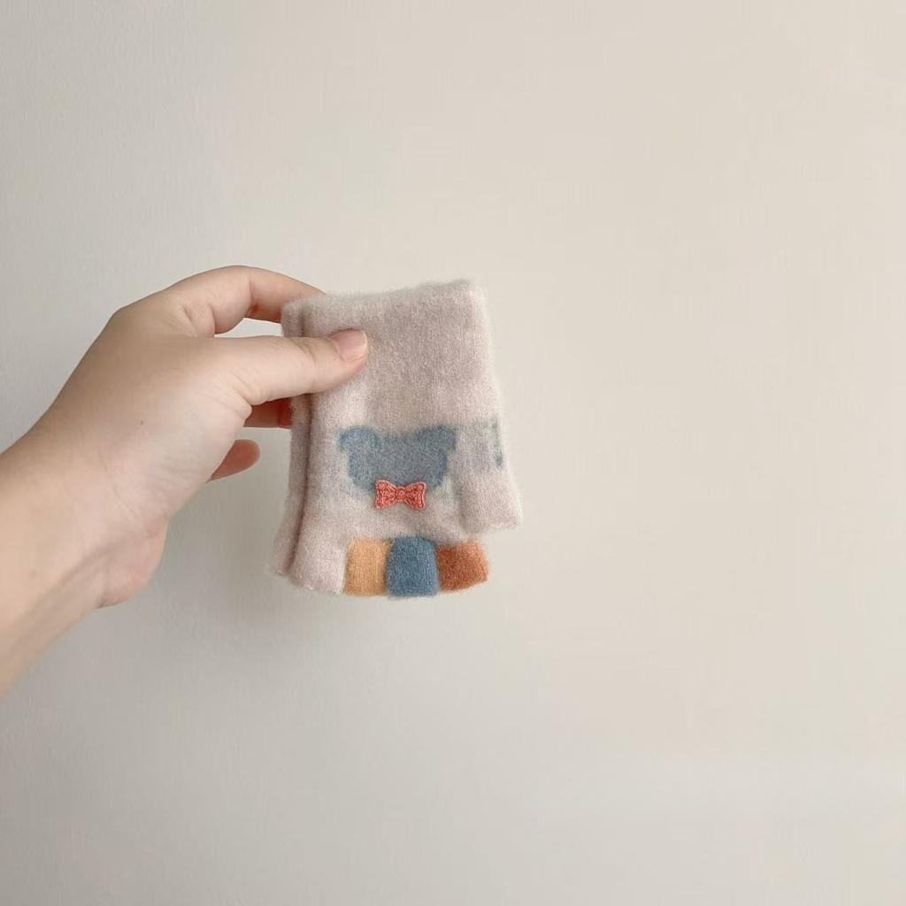 Baby Sticky Bow Mickey Half Finger Autumn and Winter Cute Baby Gloves Warm Knitted Gloves
