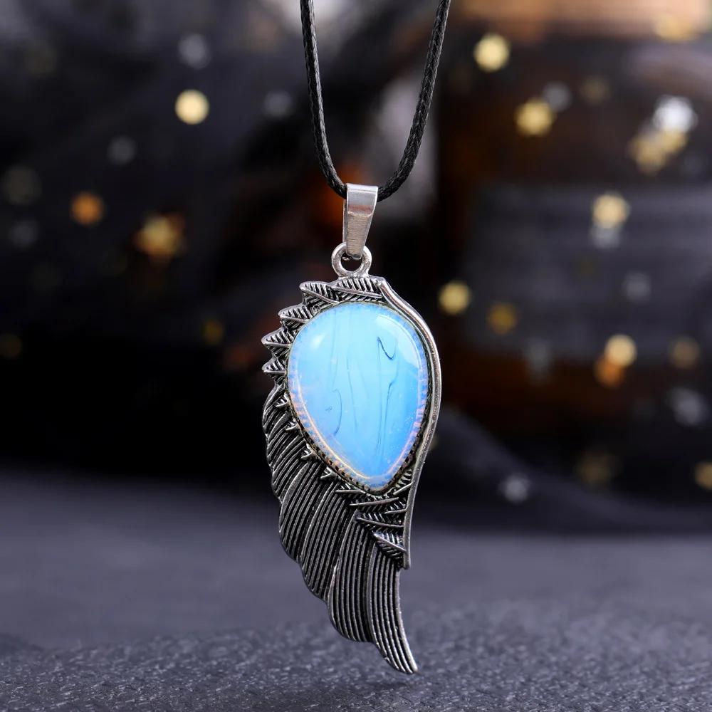 Natural Crystal Necklace Angel Single Winged Pendant Natural Gem Necklaces Jewelry Healing Stone Necklaces for Women Angel Wings