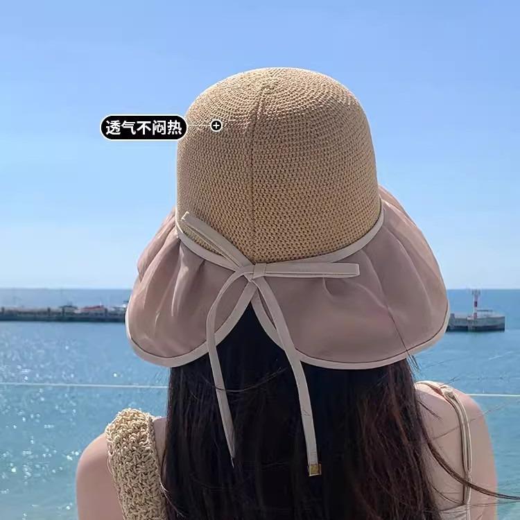 Hat Women's Pearl Big Edge Spring Sun Protection Sun Hat Seaside Vacation Bucket Hat Knitted Sun Hat High Sense