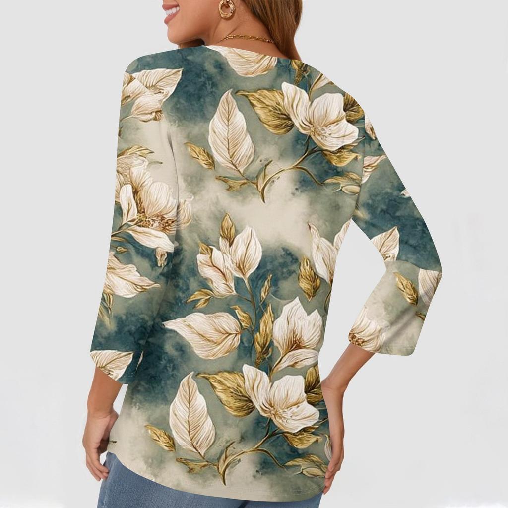 Women's Fashion Casual Round Neck Three Quarter Sleeve Printed T-Shirt Top