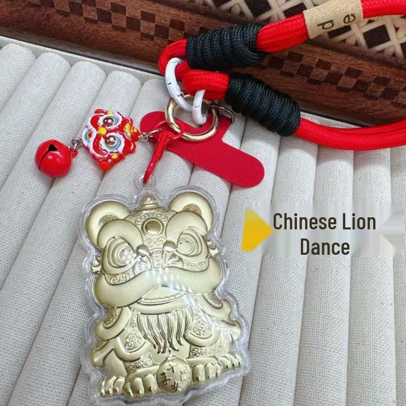 Goldener Löwentanz-Anhänger mit 20 mg Gold - Schlüsselanhänger und Handykette im Nationalen Trend als Geschenk.